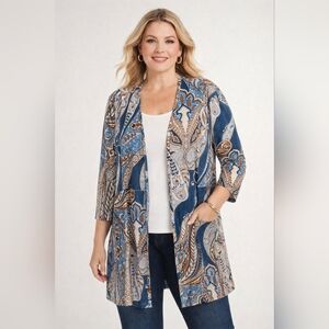 Chico’s Size 3 Blue Brown Paisley Open Front Stretch Cardigan Duster XL